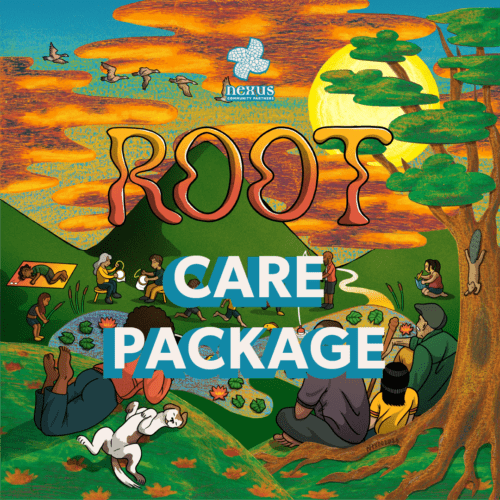Illustration of diverse people engaging in outdoor activities in a forest under a sunset sky, with the text "root care package" prominently displayed.