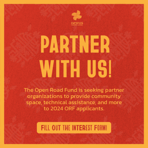 A flyer in red and gold tones featuring text "partner with us!" inviting organizations to provide community space, tech assistance, and more, with a call to action to fill out a form.