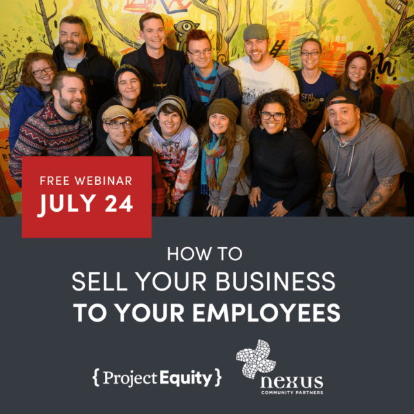 A group of employees smile in front of a colorful wall. Graphic reads: 
